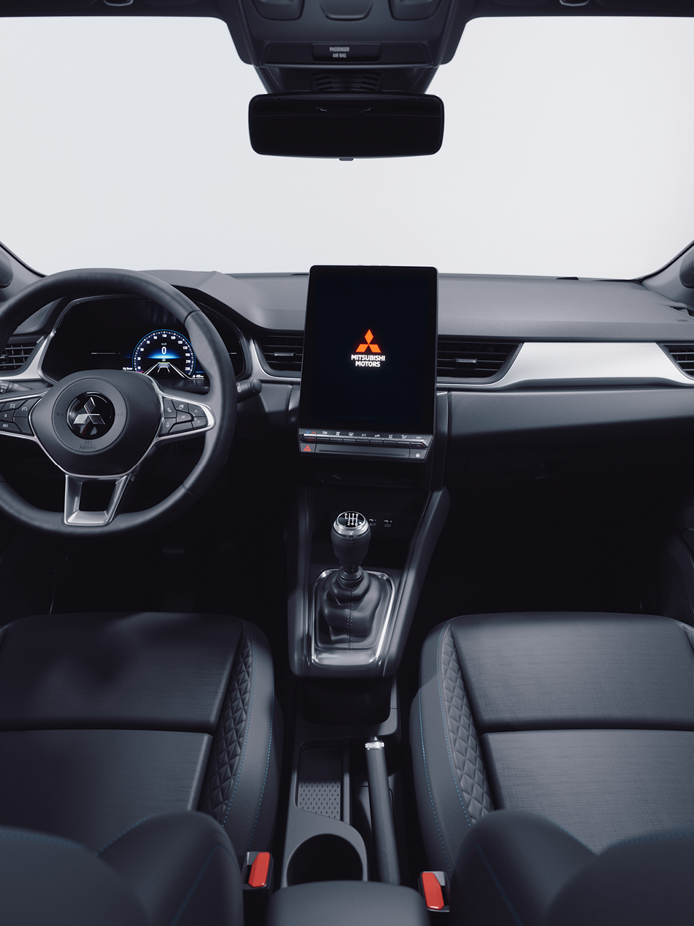 Mitsubishi ASX Diamant Innenraum-Ansicht mit schwarzen Sitzen, digitalem Tacho und großem Infotainment-Display